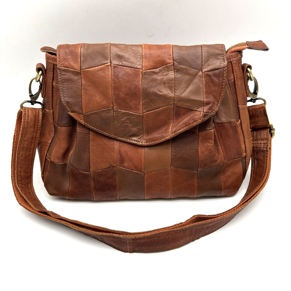 Vintage Y2K ModCloth Brown Patchwork Genuine Leather Shoulder Bag Purse 11x8.5"